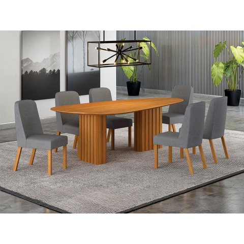 Conjunto Jantar 6 Cadeiras Maciça 1,80x90 Iza - Arbo Design- Cinamomo Linho Cinza