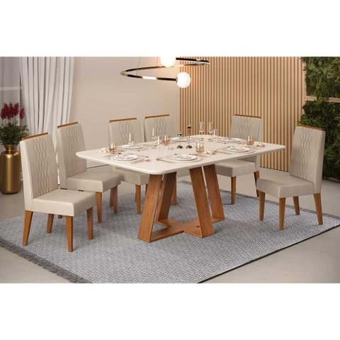 Conjunto: Mesa Sala Jantar Celeste C/ Tampo Madeirado C/ Vidro Curvo 160x90cm e 6 Cadeiras Lia