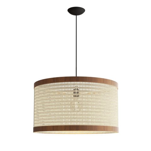 Luminária De Teto Pendente Madeira E Tela Rústica Japandi Rattan Ravena