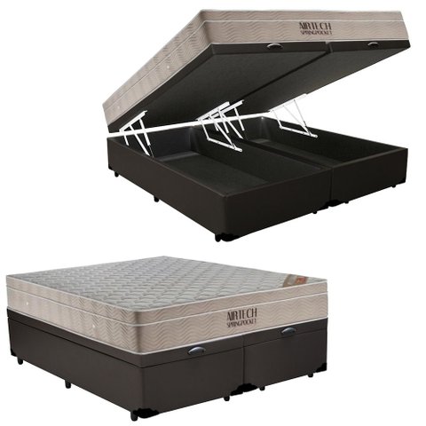 Cama Box Baú King Sintético Bipartido + Colchão Ortobom Airtech Molas Ensacadas 193x203x65 Cor:Marro