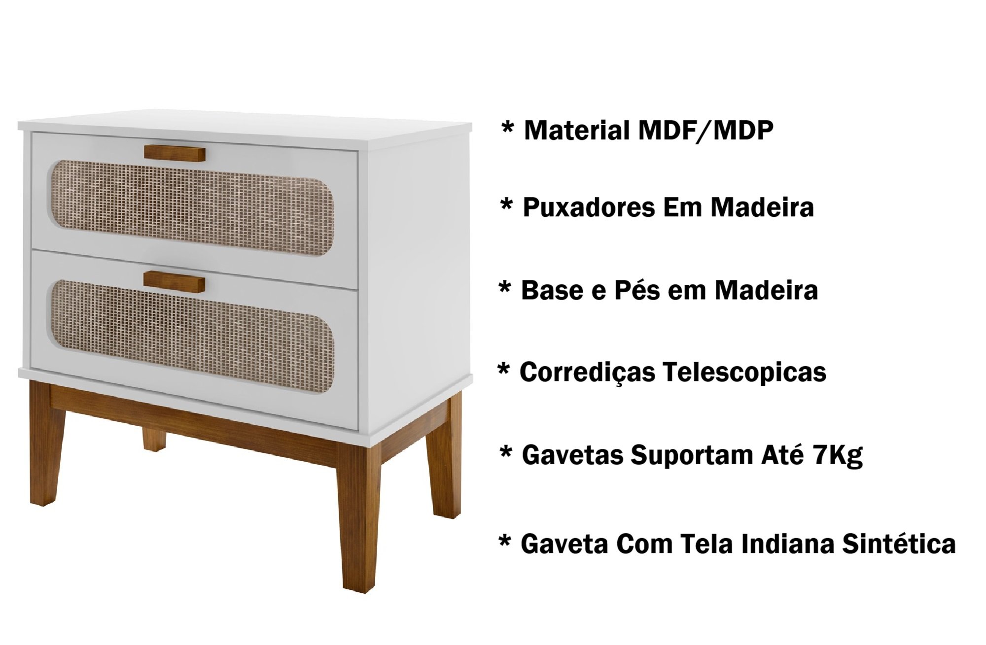 Mesa de Cabeceira Quarto Casal Criado Retro Classico com Pe de Madeira Maciça Telinha na Gaveta 60cm - 2