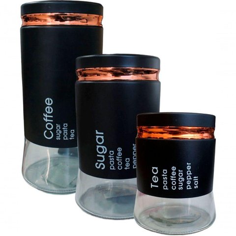 Kit 3 Potes Hermético Coffee Tea Sugar Grande Pequeno Médio