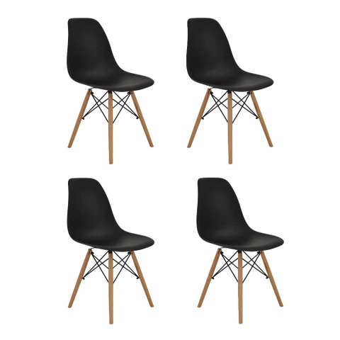 Kit com 4 Cadeira Eames Eiffel Wood Preta para Sala de Jantar