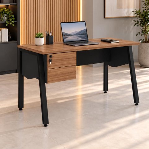 Mesa Escrivaninha 150cm x 60cm com Gaveteiro Suspenso e Tampo Chanfrado F5 Office Cor:Nogal com