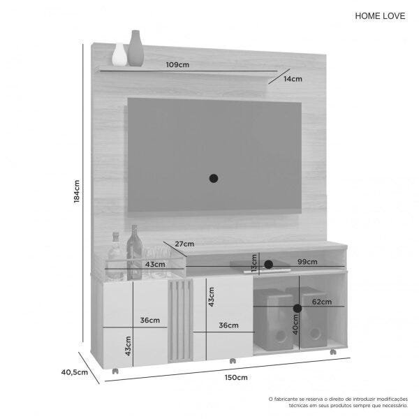 Estante Home para TV até 65 Polegadas 2 Portas 2 Nichos 1 Prateleira Love Candian JCM - 3