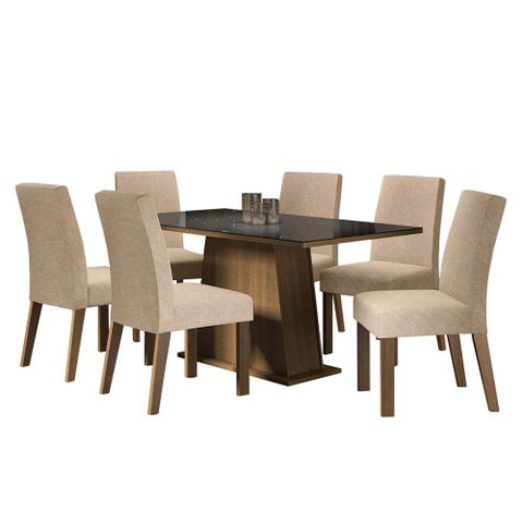 Mesa Tampo De Vidro Com 6 Cadeiras Rustic/Preto/Imperial