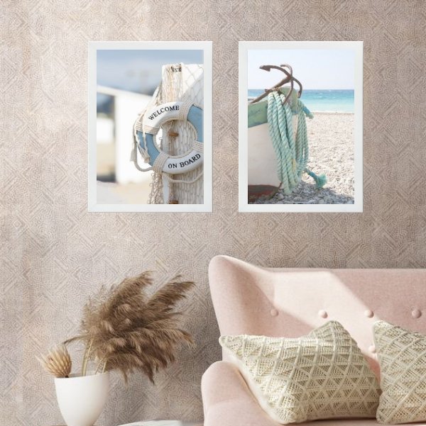 Kit 2 Quadros Casa de Praia - Welcome 45x34cm - com Vidro:madeira