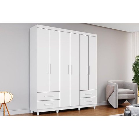 Guarda Roupa Solteiro 6 Portas e 4 Gavetas C/ Pés Canadá Plus Branco - Conquista