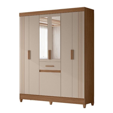 Guarda Roupa Roupeiro Solteiro Roma 7 Portas 1 Gaveta Detalhes Frisados Espelho Carvalho Fendi Moval