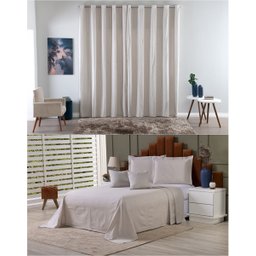 Kit Colcha Cobre Leito Casal + Cortina 2 Metros Tecido Rústico Topázio 6 Peças:bege Avelã - 1