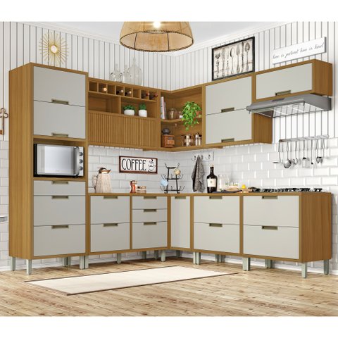 Cozinha Modulada 9 Peças com 4 Aéreos 4 Balcões 1 Paneleiro Ripado Imperatriz 100% MDF Marrom/Freijó/Offwhite