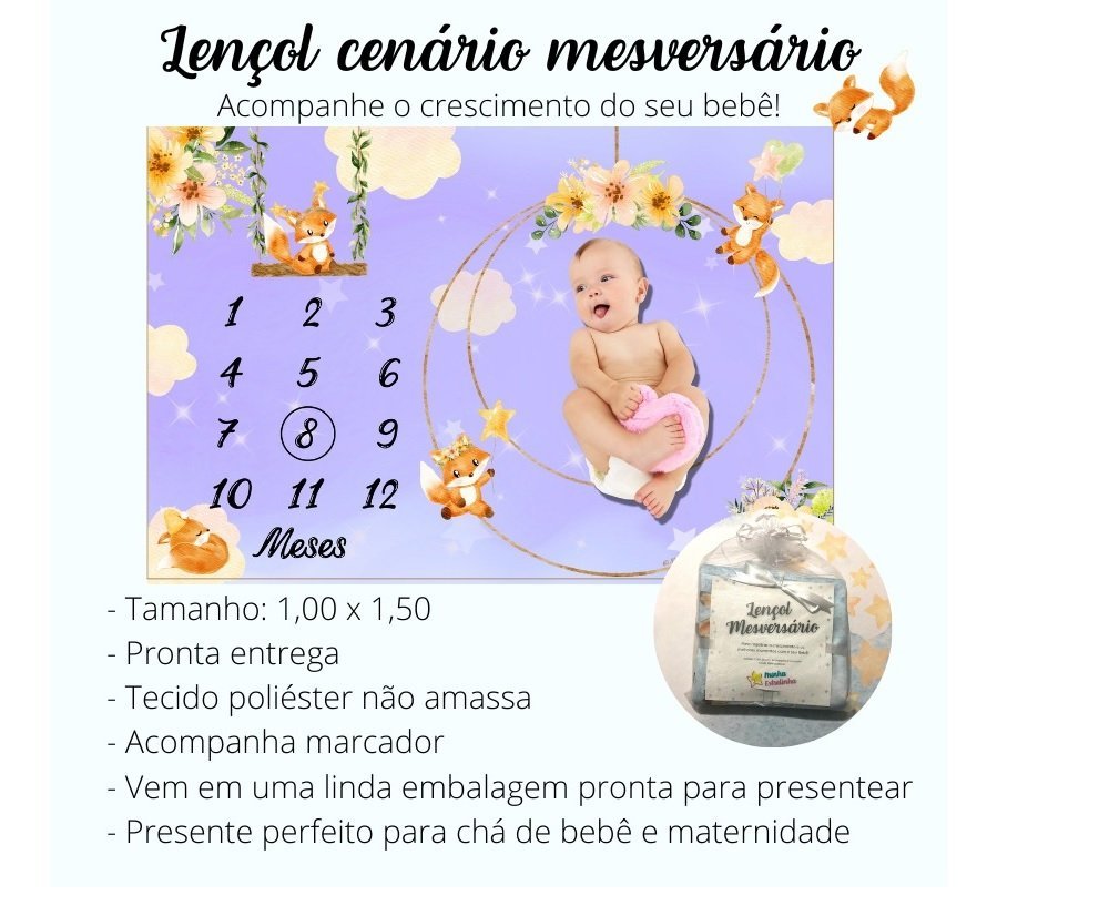 Lençol Cenário Foto Mêsversário Raposa Lilás Minhaestrelinha Minha Estrelinha Lençol Cenário Foto Mê - 6