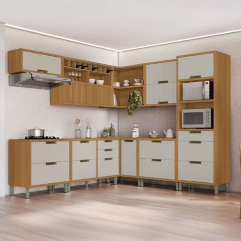 Cozinha Modulada 9 Peças Angulo com 4 Aéreos 4 Balcões 1 Paneleiro Torre Quente 100% MDF Imperatriz Marrom/Freijó/Off White