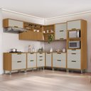 Ver imagem 1 de Cozinha Modulada 9 Peças Angulo com 4 Aéreos 4 Balcões 1 Paneleiro Torre Quente 100% MDF Imperatriz Marrom/Freijó/Off White