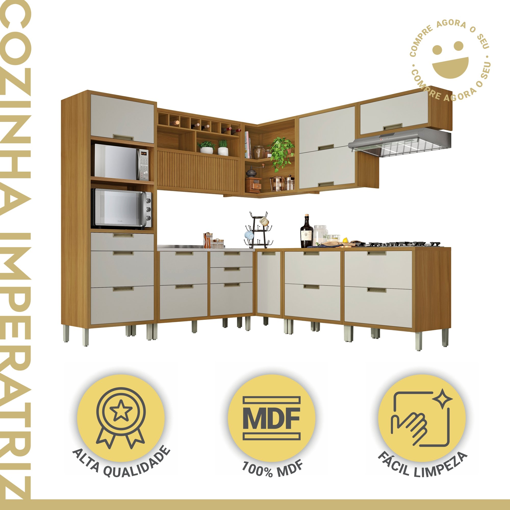 Cozinha Modulada 9 Peças Angulo Com 4 Aéreos 4 Balcões 1 Paneleiro Torre Quente 100% Mdf Imperatriz - 3