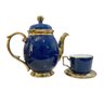 Jogo de 6 Xícaras e Bule para Chá e Café Azul com Detalhes Dourado - 1