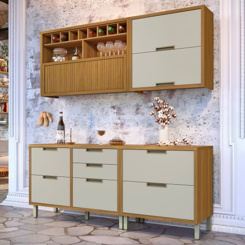 Cozinha Modulada 4 Peças Ripado Imperatriz 100% MDF Marrom/Freijó/Off White