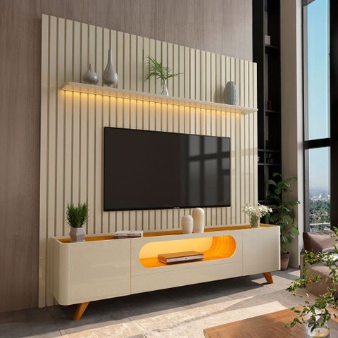 Rack com Painel para TV até 85 Polegadas Sole 2 Portas Ripado 100% MDF com LED Off White/Naturale - 