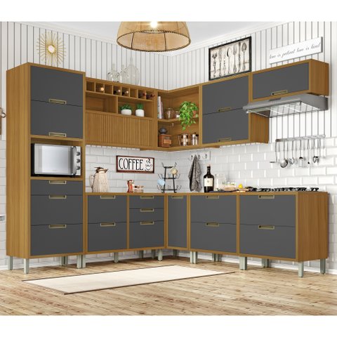 Cozinha Modulada Angulo 9 Peças com 4 Balcões 4 Aéreos 1 Paneleiro Ripado Imperatriz 100% MDF Marrom/Freijó/Grafite