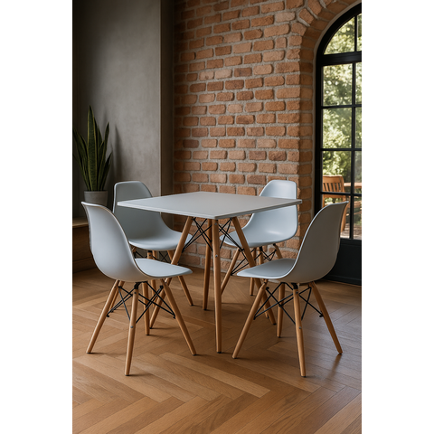 Conjunto Mesa Jantar Sala Cozinha Quadrada Eiffel 80cm Branco MDF com 4 Cadeiras Charles Eames