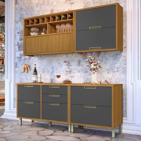 Cozinha Modulada 4 Peças Ripado Imperatriz 100% MDF Marrom/Freijó/Grafite