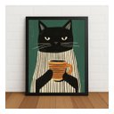 Ver imagem 1 de Quadro Decorativo Gato com Xicara 33x24cm com Vidro Preto