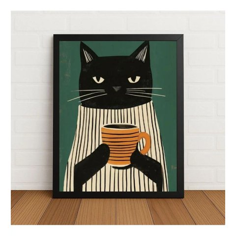 Quadro Decorativo Gato com Xicara 33x24cm com Vidro Preto
