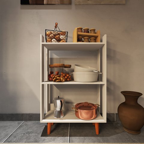 Balcão de Cozinha com 1 Prateleira Pés em Formato Palito de Madeira Maciça - Branco
