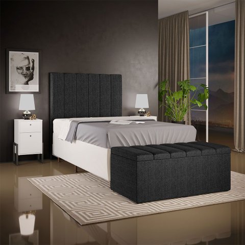 Kit Cabeceira Cama Box Solteiro 100cm e Calçadeira Recamier Baú Dália W01 Linho Chumbo - Lyam