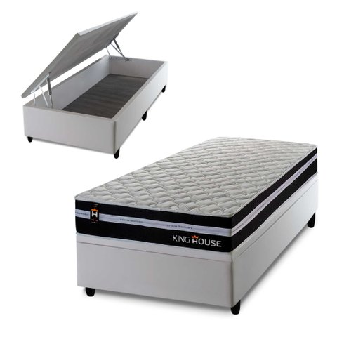 Conjunto Box Baú Solteiro Durham Branco 88x188x67 c/ Molas Ensacadas