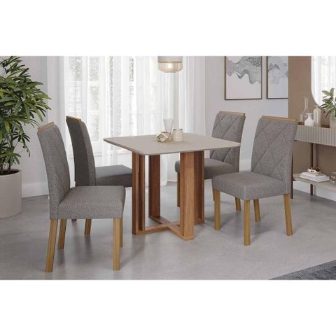 Conjunto: Mesa Sala Jantar Flora Tampo Madeirado C/ Vidro 95x95cm e 4 Cadeiras Fernanda Cinamomo/off