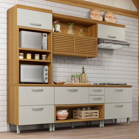 Cozinha Modulada 4 Peças Ripado Princesa 100% MDF Marrom/Freijó/Off White