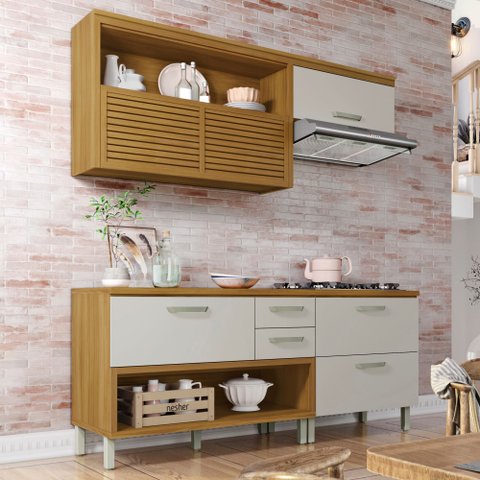Cozinha Modulada 3 Peças Ripado Princesa 100% MDF Marrom/Freijó/Offwhite