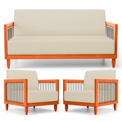 Kit 02 Poltronas e 01 Sofá Samoa Madeira Maciça com Cordas Náutica Linho Pérola - Desk Design
