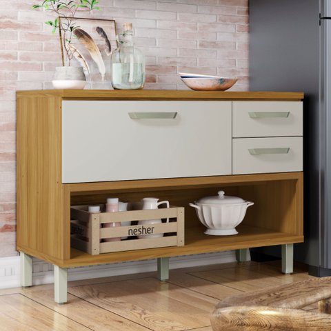 Balcão de Cozinha 1 Porta 2 Gavetas com Caixa Organizadora 120cm Princesa 100% MDF Marrom/Freijó/Off White