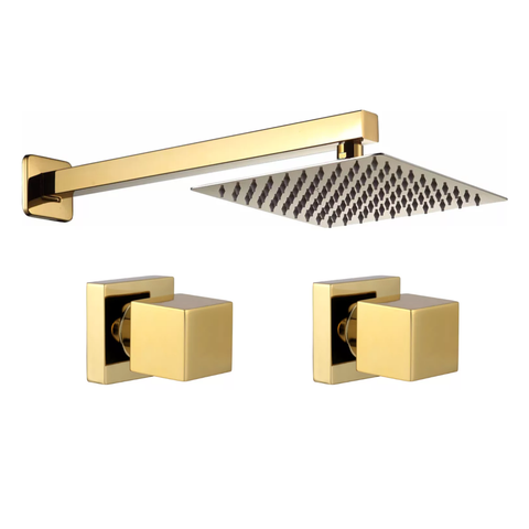 Kit Ducha Quadrada 20x20 Slim Ultra Fina e 2 Acabamentos P/ Registro Base Deca de 1/2 ou 3/4 Dourado