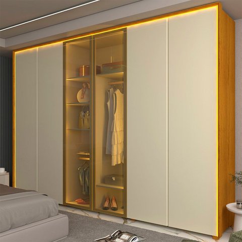 Guarda-Roupa Casal 6 Portas 2 Portas Reflecta com LED com Pés 100% MDF Splendor Marrom/Marrome/Off White