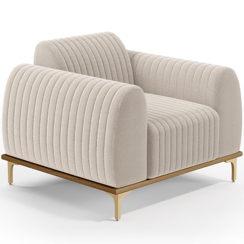 Poltrona Decorativa Base De Madeira Castanho e Pés Metalizado D'Ouro Molino D02 Bouclê Creme B-54 - 