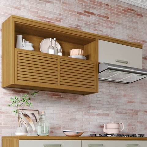 Armário Aéreo 2 Portas 1 Nicho Ripado 200 cm Princesa 100% MDF Marrom/Freijó/Off White
