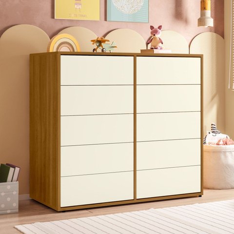 Cômoda para Quarto Infantil 10 Gavetas Melinda Marrom/Freijó/Off White