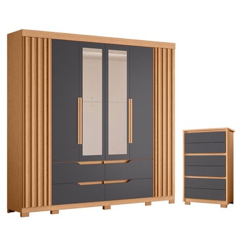 Guarda Roupa Casal Doble com Espelho 06 Portas e Cômoda Unno Freijo Titanium - Móveis Albatroz