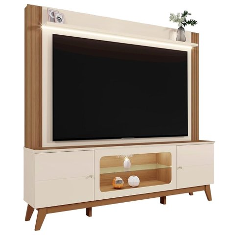 Estante Painel TV 70 pol. 198cm com LED Lugo Off White/Amendoa Z30 - Mpozenato