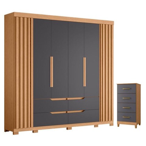Guarda Roupa Casal Doble 06 Portas e Cômoda Mobi 04 Gavetas Freijo Titanium - Móveis Albatroz