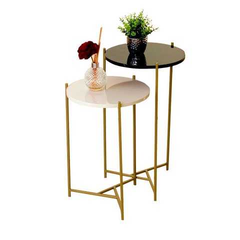 Mesa De Canto Moderna Sala Estar Pé De Ferro Dourada Madecor Tampo Preto Off White Ferragens Dourada