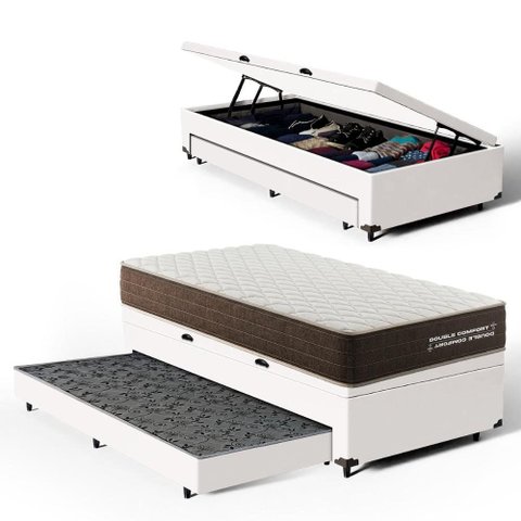 Cama Box Baú Solteiro com Colchão de Espuma D33 Double Comfort + Auxiliar 88cm