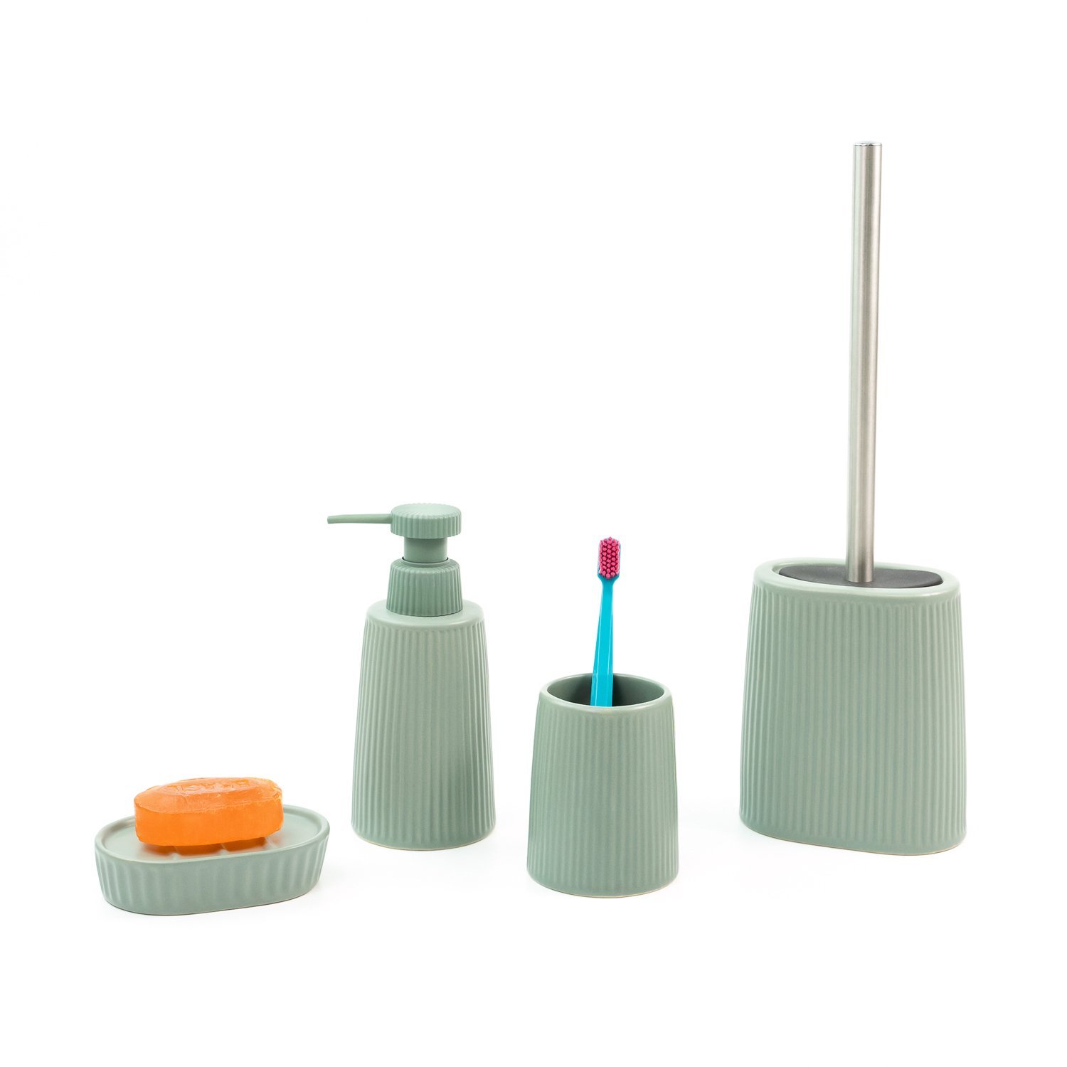 Escova sanitária com suporte cerâmica listras verde Oikos - 4