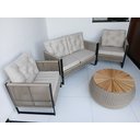 Ver imagem 2 de Conjunto 1 Sofá 2 Poltronas em Corda Nautica Estrutura Alumínio Mesa Redonda 70cm Tampo Madeira