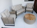 Ver imagem 2 de Conjunto 1 Sofá 2 Poltronas em Corda Nautica Estrutura Alumínio Mesa Redonda 70cm Tampo Madeira