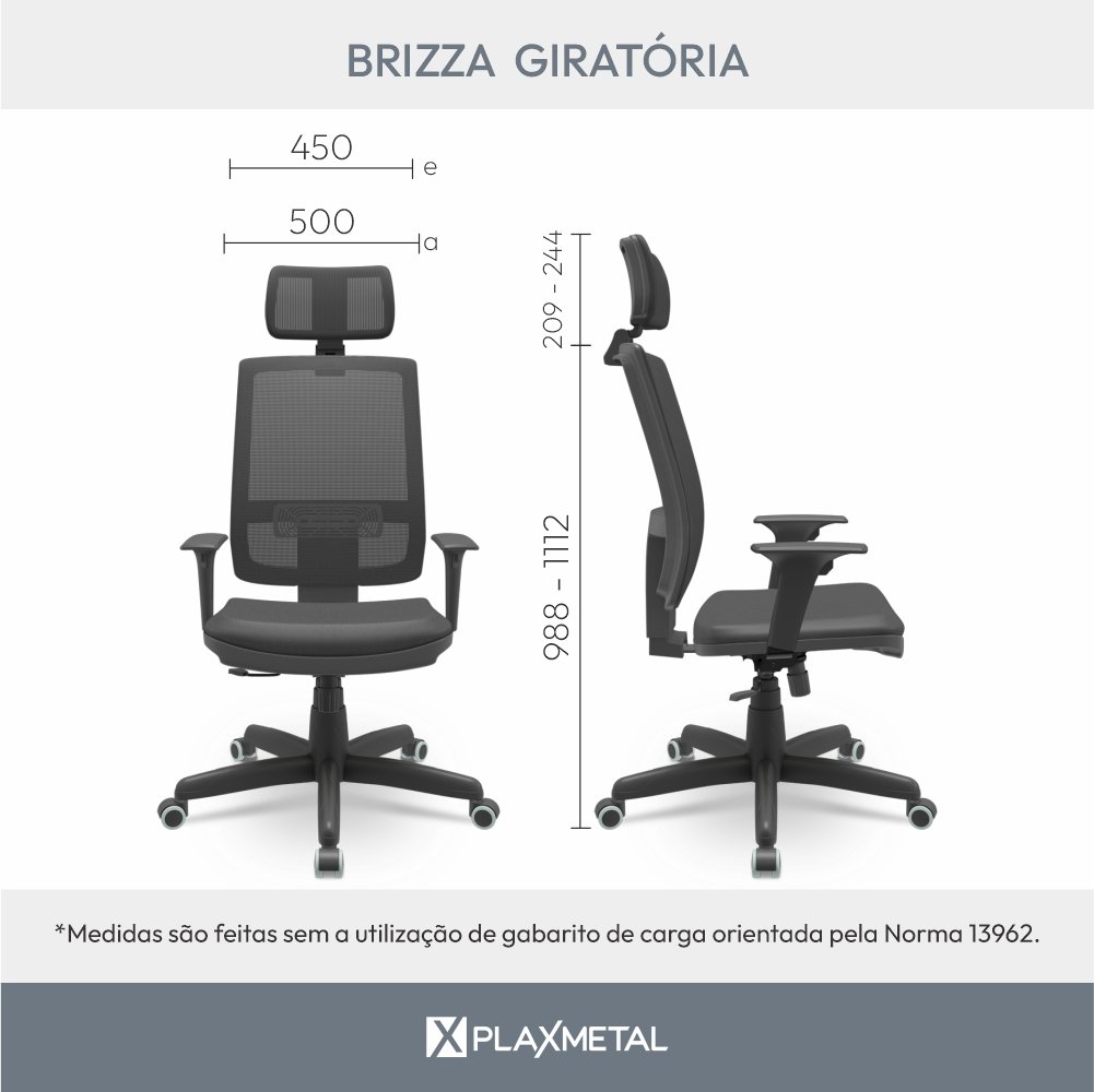 Cadeira para Escritório Ergonômica com Tela e Apoio de Cabeça Brizza Presidente NR17 Plaxmetal - 5