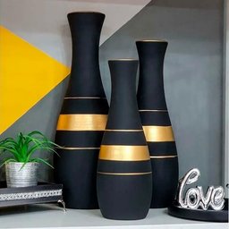 Trio Vasos Garrafas Grandes em Cerâmica Fosca Decorativa - Black Gold - 2